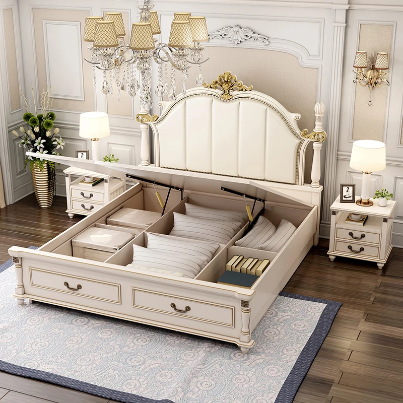 American Style Light Luxury Double Bed Master Bedroom European Style 1.5 M Storage Queen Bed Solid Wood Furniture