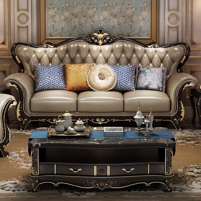 Latest High Quality Luxury Villa Simple European Leather Solid Wood Carved Sofa Furniture
