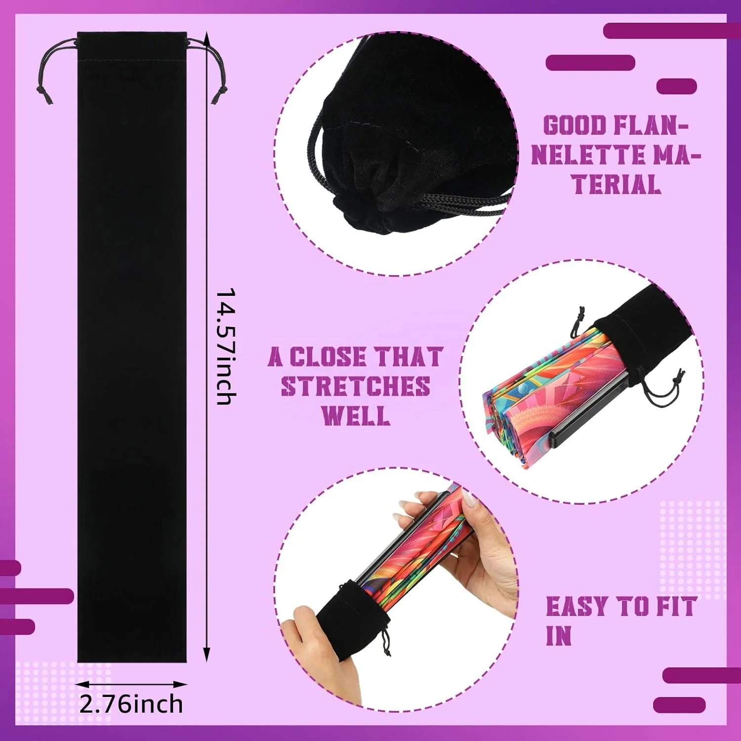 Large Velvet Folding Hand Fan Bag with Drawstring 14.57 x 2.76 in Black Fabric Sleeve Hand Fan Protector Gift Wrap Bags Gift