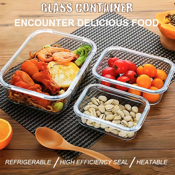 Hermetic Microwave Oven Use Safe Kitchen Lunch Box Leakproof Vacuum Seal Glass Food Storage Containers For Kitchen Organization