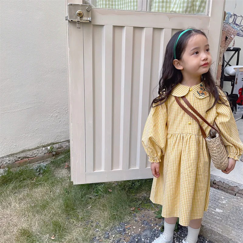 Retro Style Kids Dresses For Toddler Girls Long Sleeve Costume Cute Collar Cotton Clothes Plaid  Dress for Kids