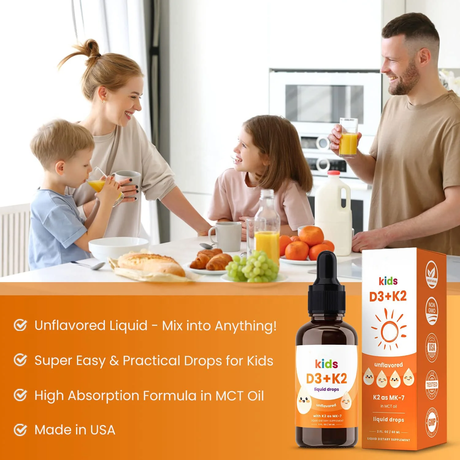 Kids Vitamin D 3 K2 Drops Liquid Vitamin D for Kids 1000 IU Sugar Free Supplement for Toddlers