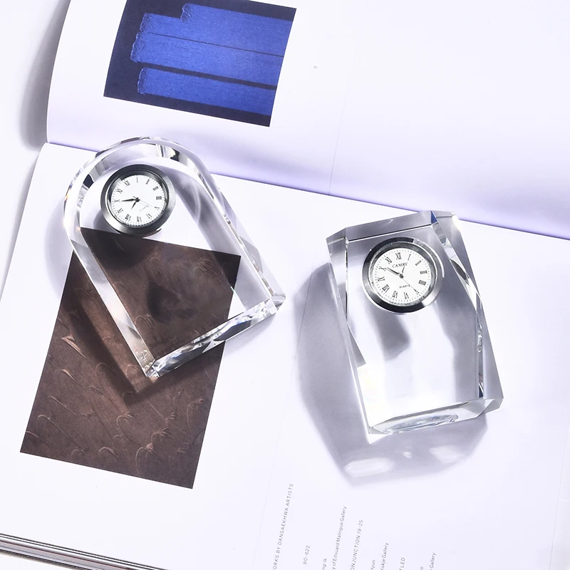 Antique Custom Logo Engrave Clear Crystal Clock Desk Table Decoration Clock