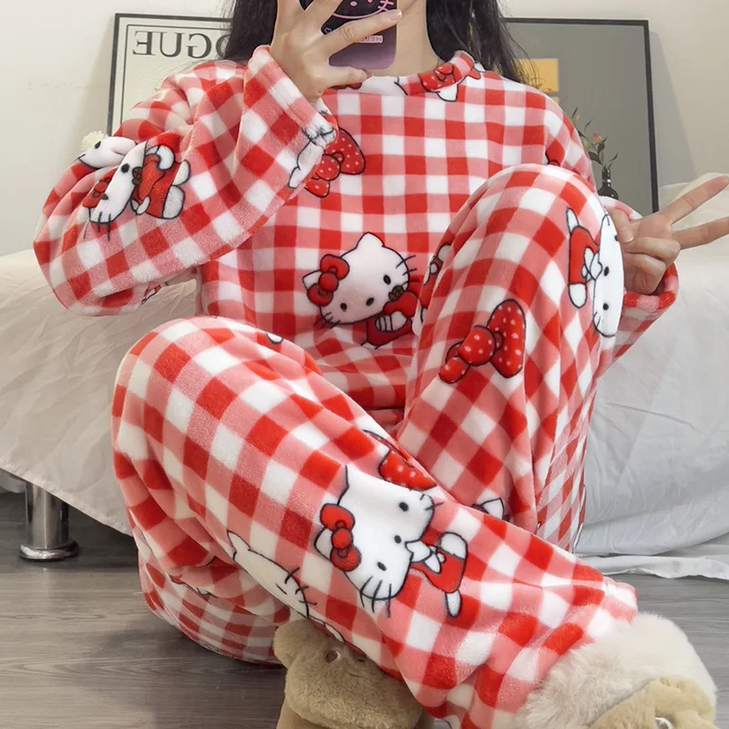 Kawaii Sanrios KT Coral Velvet Pajamas Girl Cartoon Autumn / Winter Season Warm Thickened Plush Home Clothes Set Gift