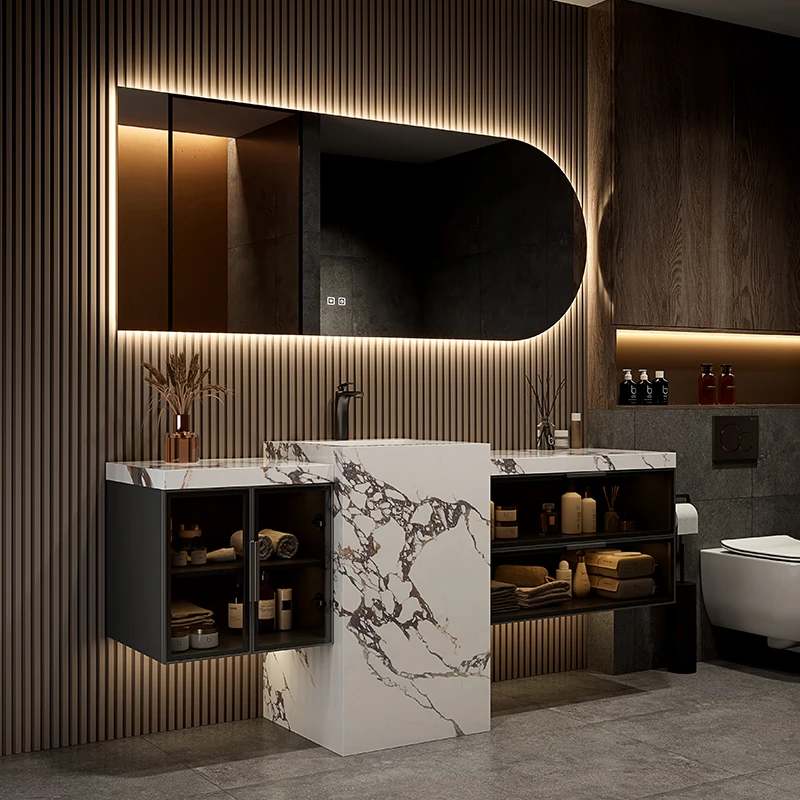 Bulgari Modern Rock Plate Seamless All-in-One Basin Bathroom Cabinet Customized Lacquer Finish Floor Column Washbasin