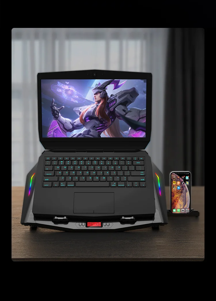 Adjustable Height Computer Chill Mat Laptop Cooling Pad RGB Gaming Notebook Cooler Laptop Fan Stand With Phone Holder