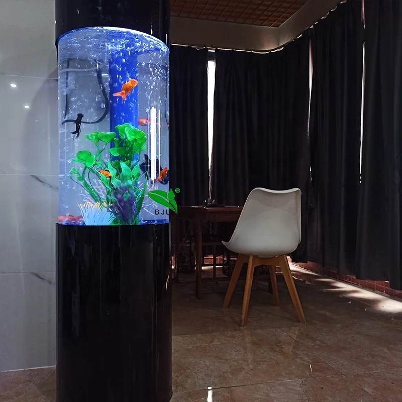 indoor decoration black base and clear acrylic round column fish tank aquarium tank