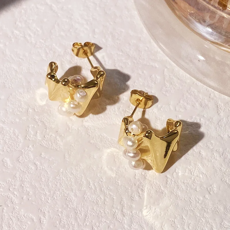 Aimgal fine jewelry Natural Freshwater pearls brass plated 18k gold French geometric design earrings