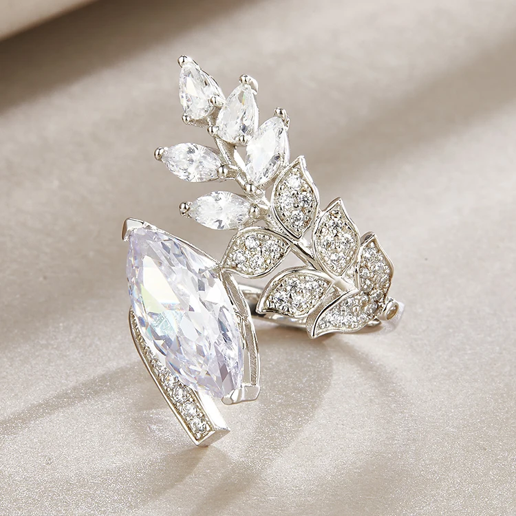 Luxury 925 Sterling Silver  Leaf Rings Jewelry Women Cubic Zirconia Stone Ring