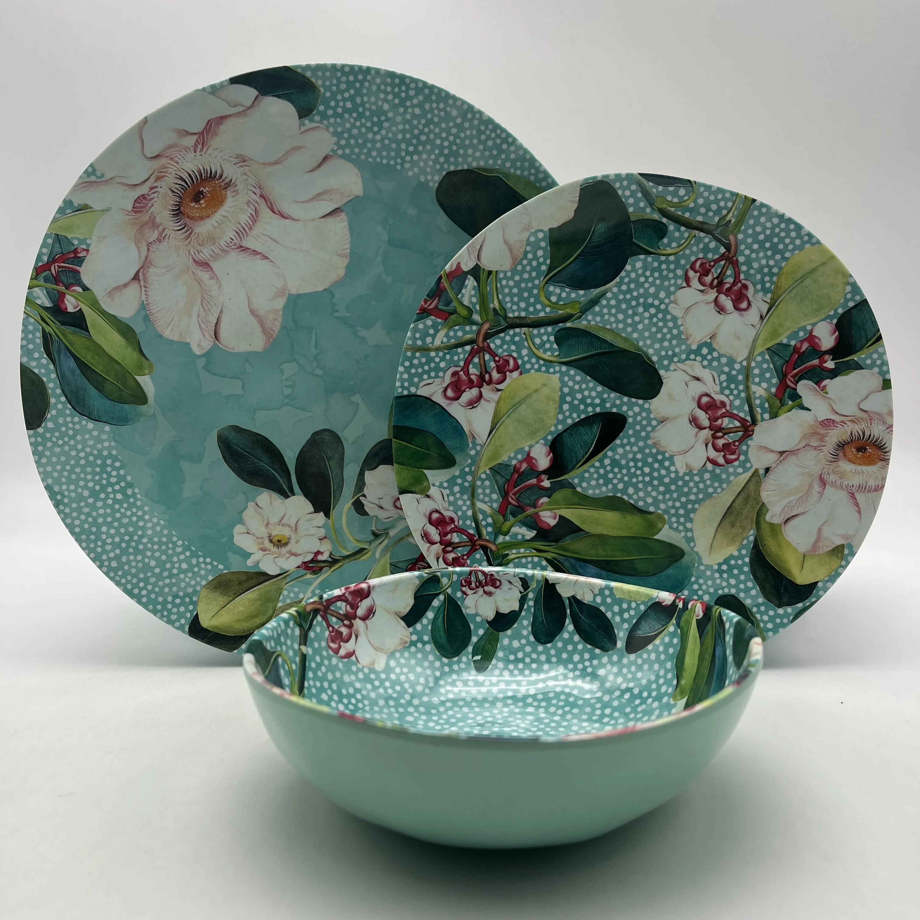 Floral Desgin Melamine Dinnerware Service for 6 Ivory White Floral Pattern Dinner, Soup, Salad Plate, Bowl Set