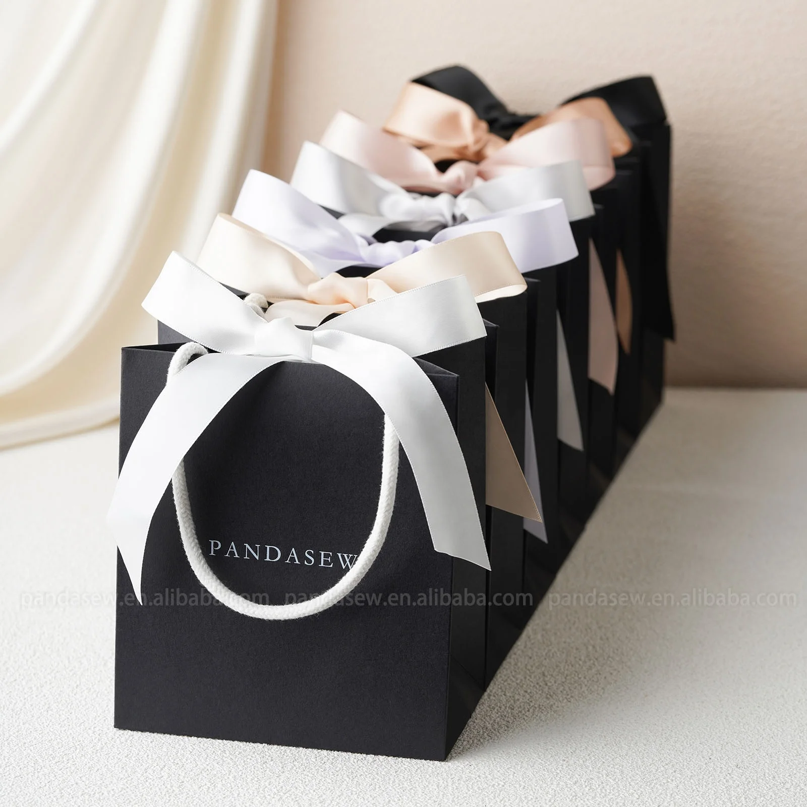 PandaSew Custom Logo Printed Black Gift Paper Bags with Ribbon Rope Kraft Handle Shopping Paper Bag