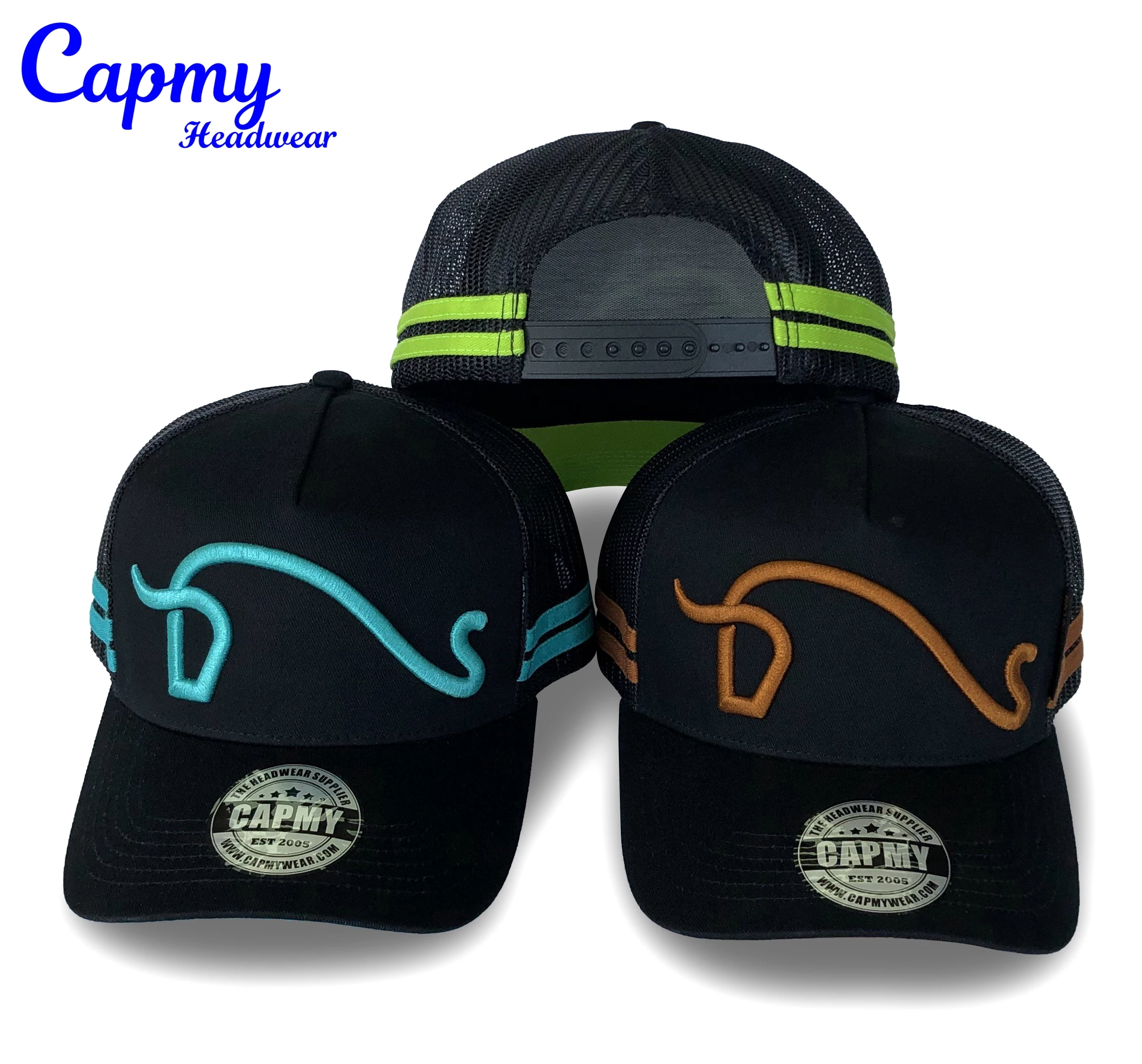 High Profile Mold Two-tone 100% Cotton Fabric 5 Panel Trucker Hat Customized 3d Embroidery Logo Mesh Suede Strip Trucker Cap