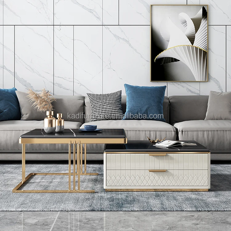 Журнальный столик для гостиной с золотой рамой квадратный чайный из спеченного камня центральный ящиками функциональная