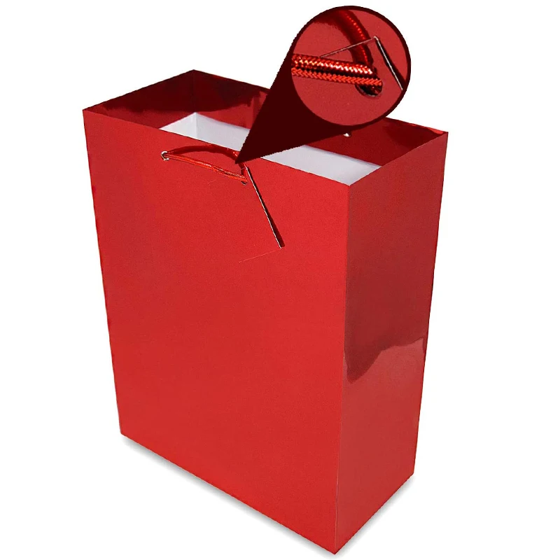 multiple sizes red foil print design sturdy rope handles stylish gold card shopping holiday presents metallic bags