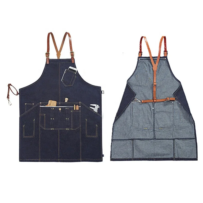 Fashion bartender waiter denim apron with belt apron custom logo hot barista overalls leather shoulder strap unisex