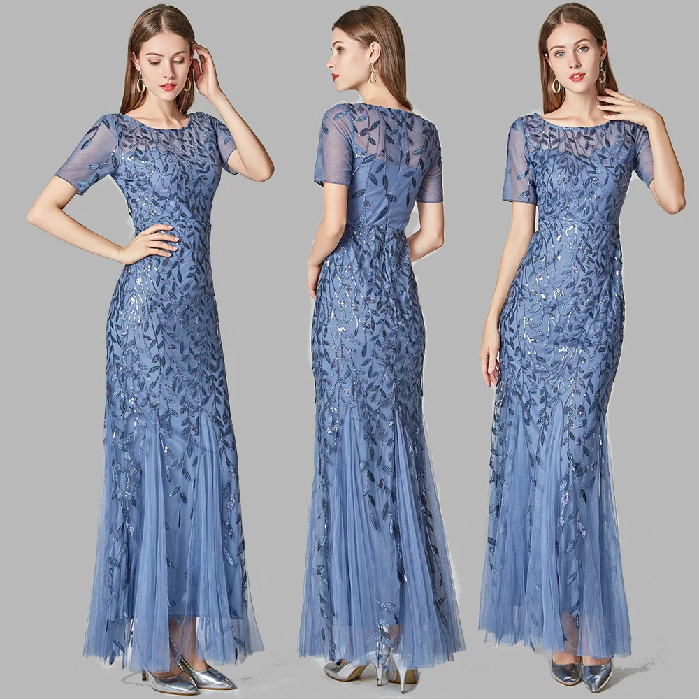 2021 Banquet Host Slim Mesh Sequin Evening Dress Fishtail Cocktail Dresses Night Dress Party Evening