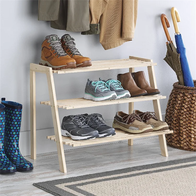 Hot sale 3 tiers foldable free shoe storage organizer rack wooden shoe display stands