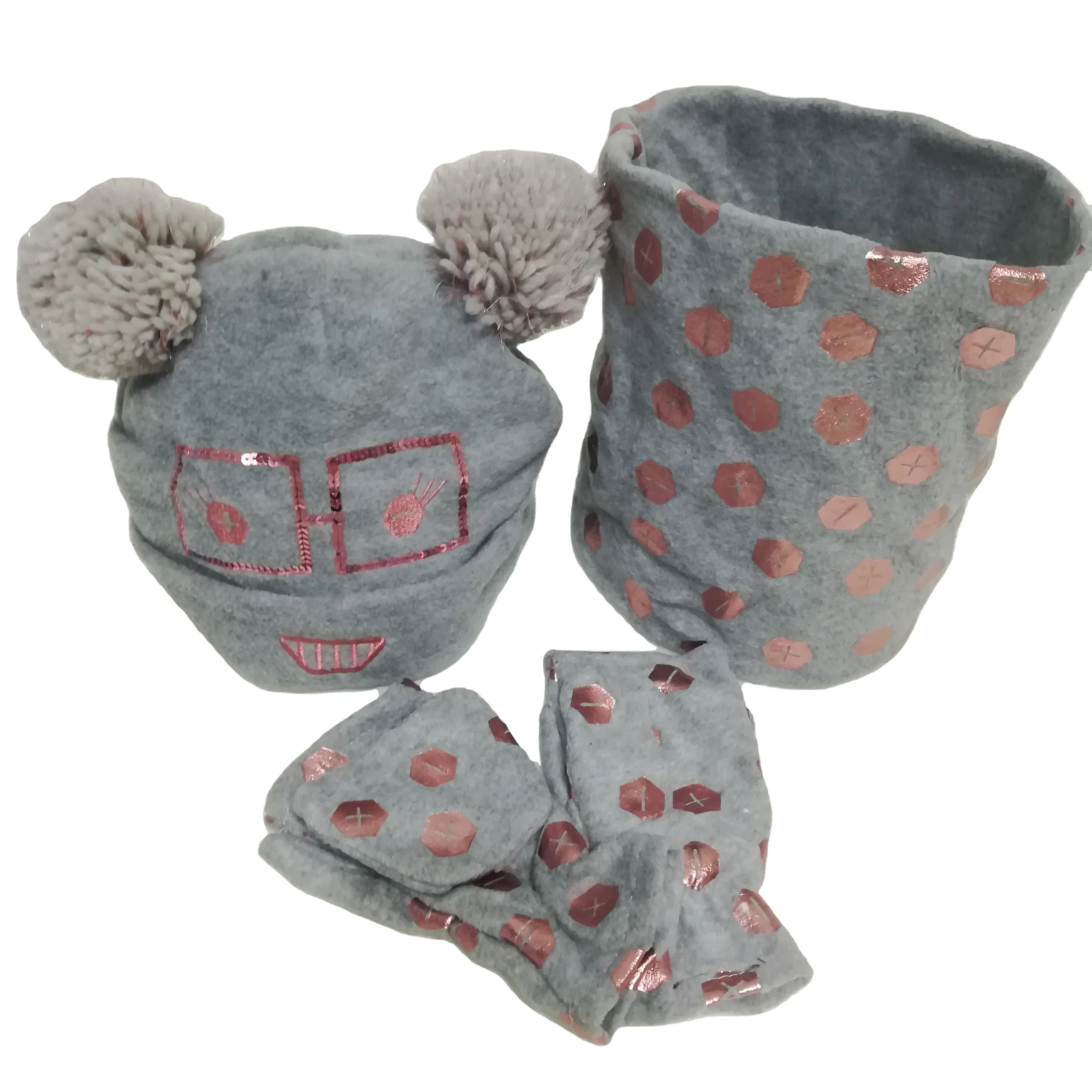 Top-selling Metal foil print fleece double layer chunky yarn pom warm Beanie Hat scarf mittens for kids