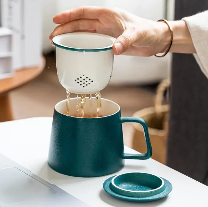 Ceramic Tea Mug with Filter/Steeper and Lid Red Leaves Portable Ornament  Infused Tea Cup