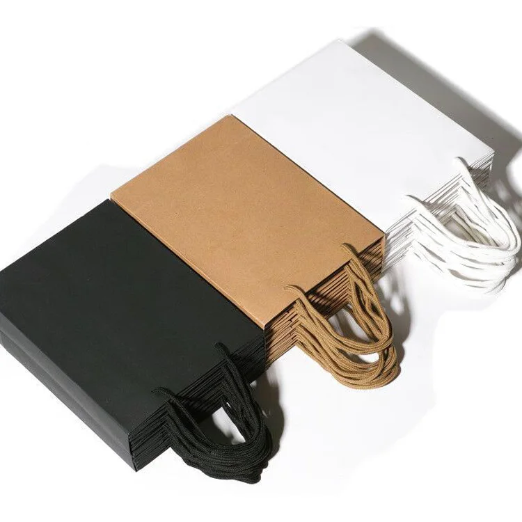 Оптовая продажа, дешевый производитель, Пользовательский логотип, печать бренда, коричневый, черный, белый крафт-пакет для покупок, подарочный бумажный пакет с ручкой