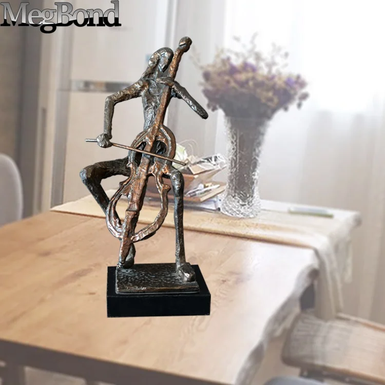 Metal modern abstract musician violoncellist statue, small metal musician figurines