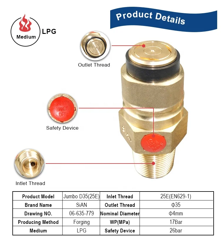Best Quality Butane LPG Gas Cylinder Valve Price Jumbo Series Valve D35(25E) Home Kitchen Cooking Tank Gas Pressure Relief Valve