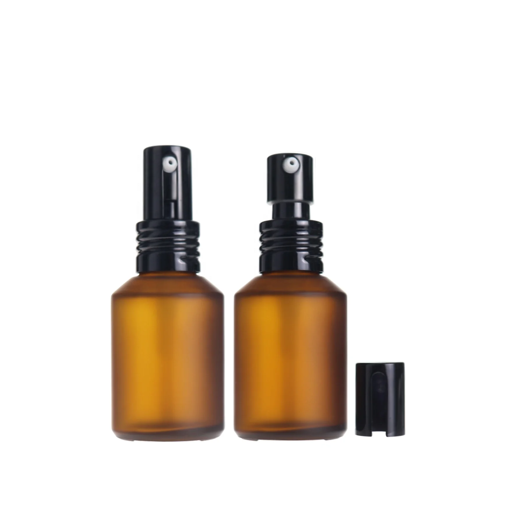 high end 30ml 1oz empty cosmetic packaging amber frosted slant shoulder serum glass bottles with golden lotion pump