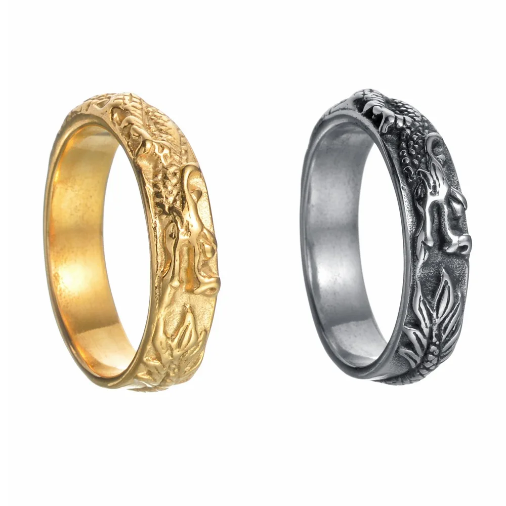 2024 Hot New Chinese Loong Style Stainless Steel Ring Gold Plated Punk Style Frosted Titanium Jewelry for Engagement Gift