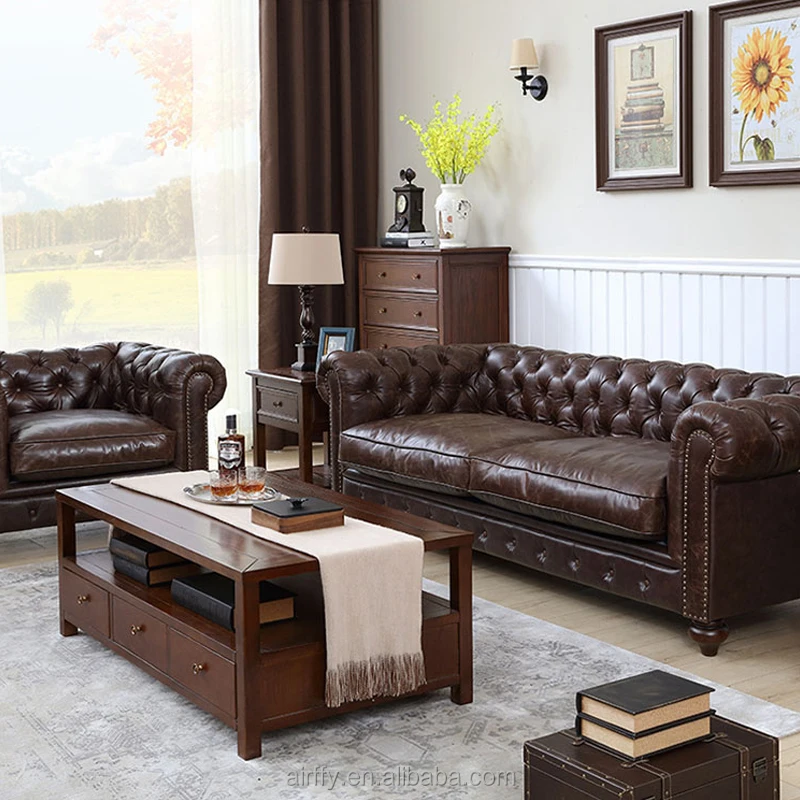 American Vintage Chesterfield Tufted Brown Classic Top Grain Genuine Leather Sofa for Sofa Set Furniture Living Room