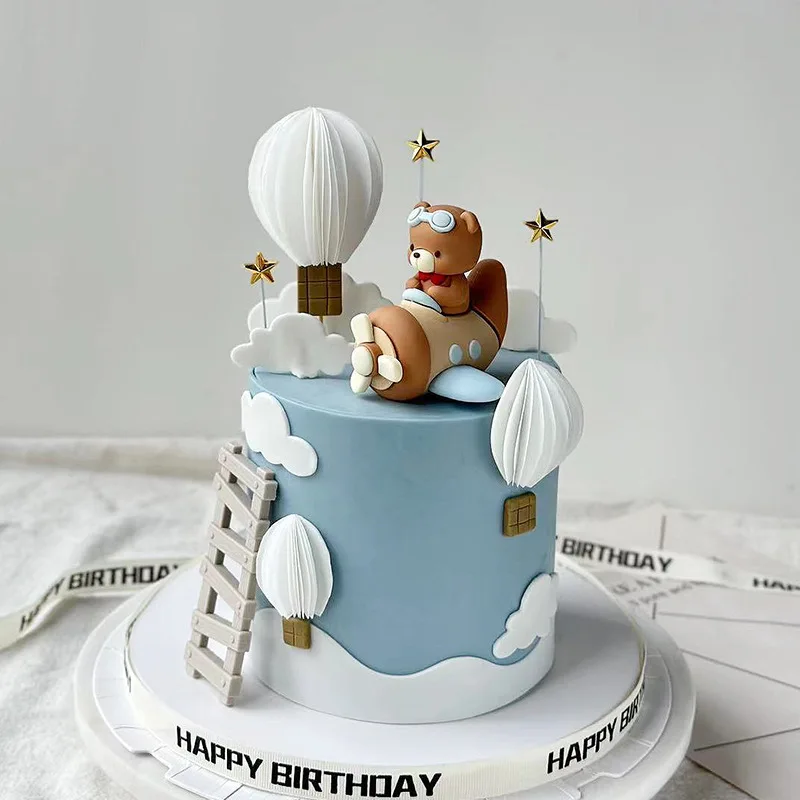 Cartoon Happy Birthday Cake Decorations For Boys Girls Cute Pilot Bear Soft Glue Doll Baby Shower Supplies