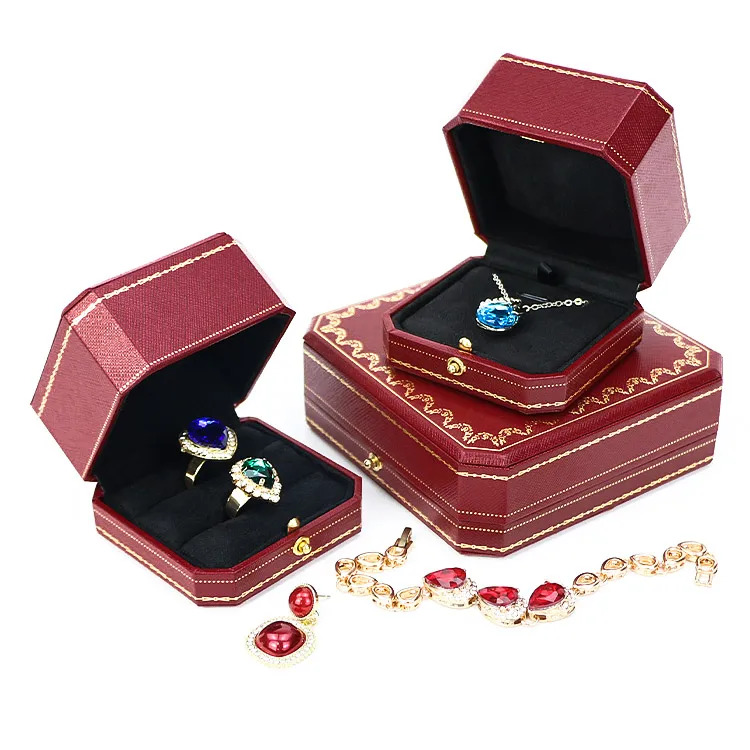 Custom Logo Velvet Earring Ring Box Luxury Red Portable Packaging Wedding Travel Necklace Gift Snap Double Ring Jewelry Box