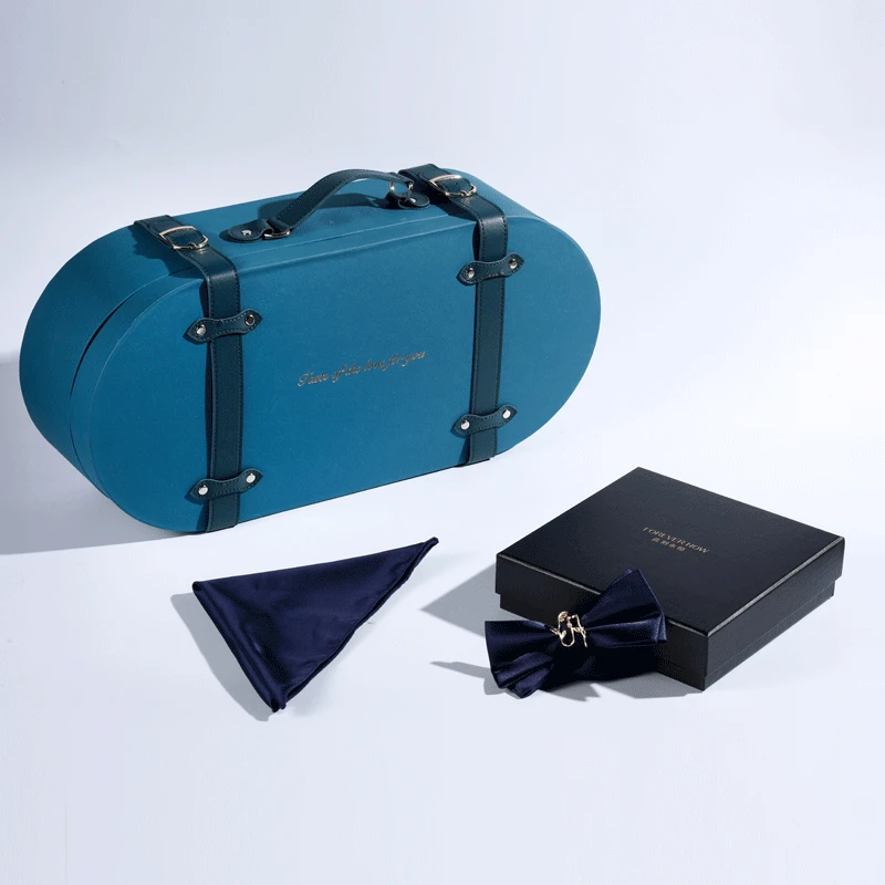 Paper cardboard suitcase shape box cosmetic flower rose wine gift set packaging box with handle for baby shower house warming