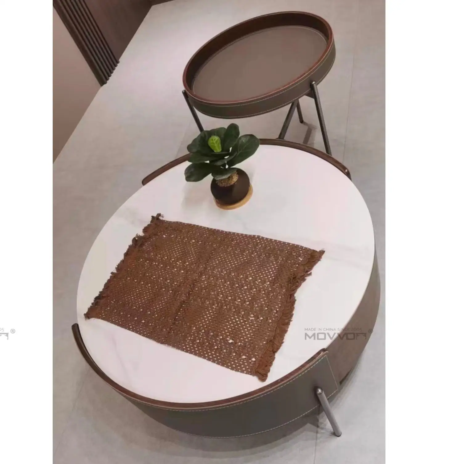 Italian round rock slab simple saddle leather solid wood living room home coffee table combination