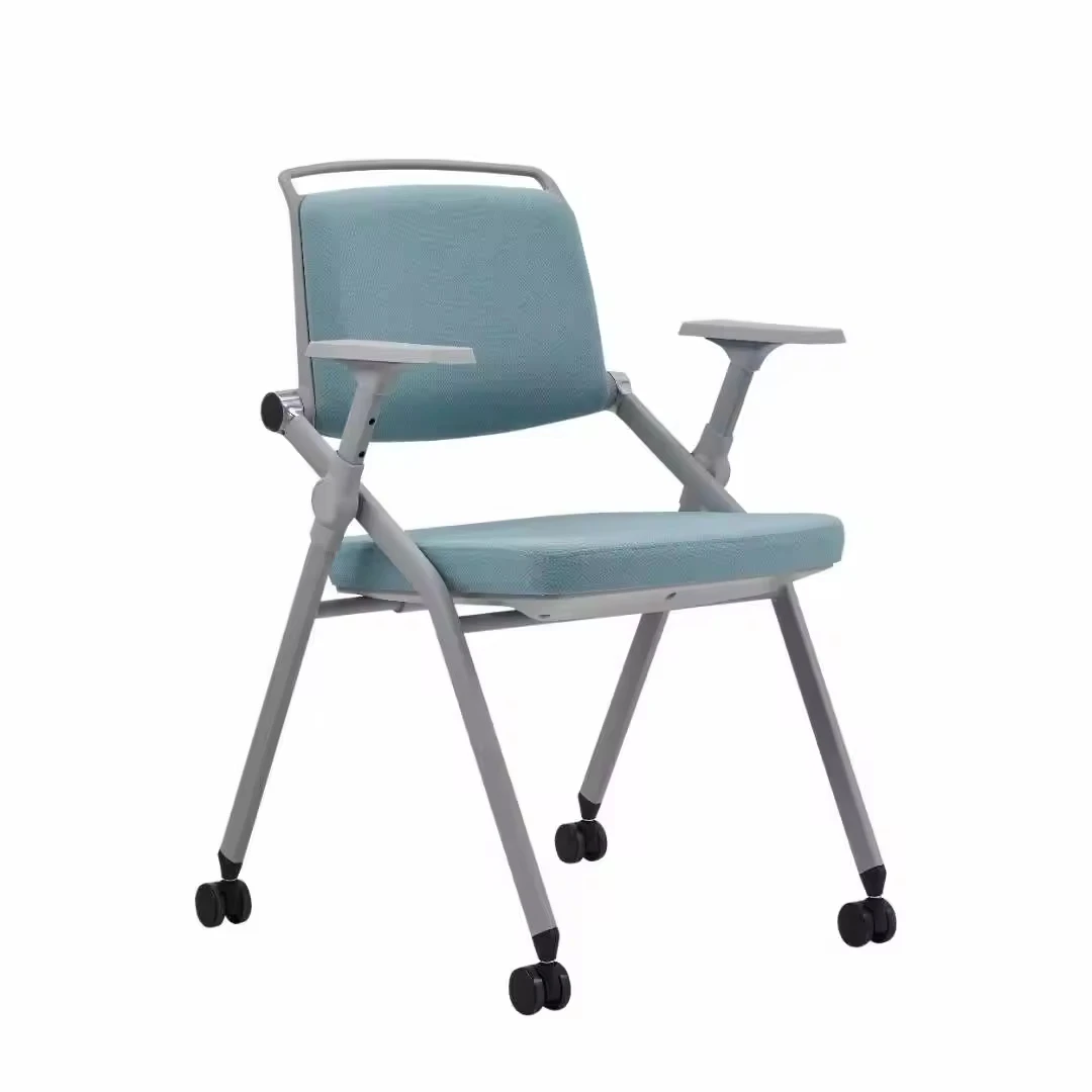 Foldable Plastic Training Chair with Casters for Office Middle Back Mesh PP Shell Fixed ABS Armrest Four Legs Waiting Area Chair