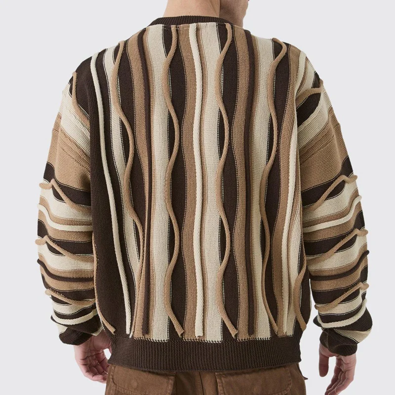 Factory wholesale custom knitwear oversized 3d jacquard knitted jumper crew neck long sleeves pullover knit sweater men