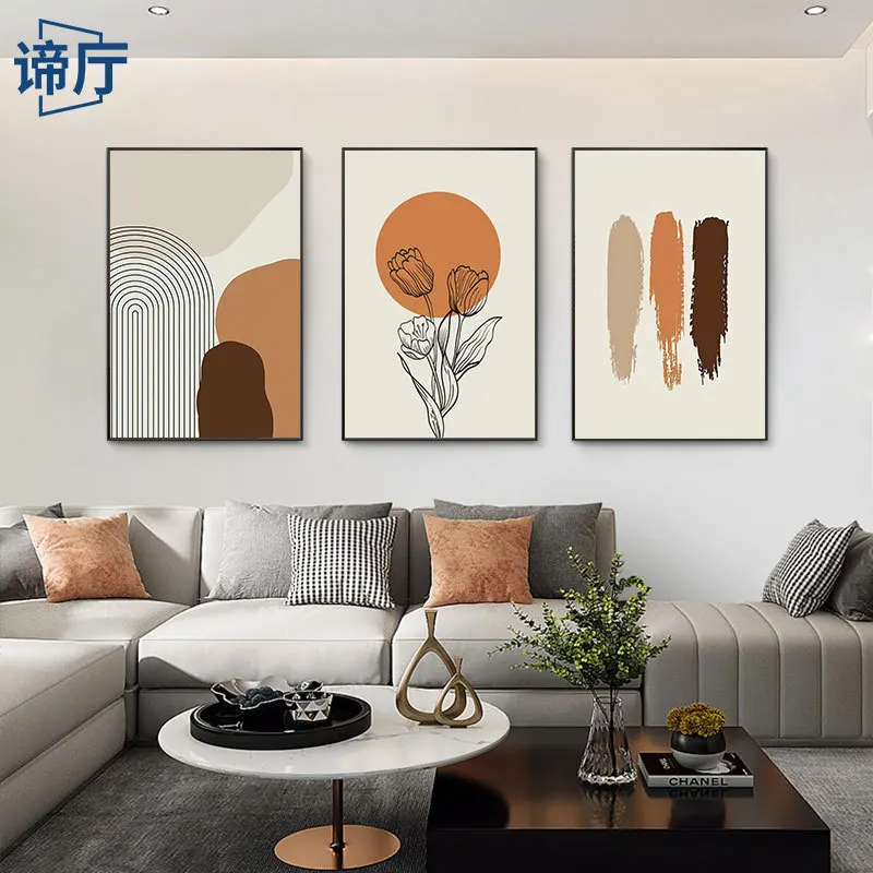 A minimalist orange porch in the bedroom and a painting in the dining room