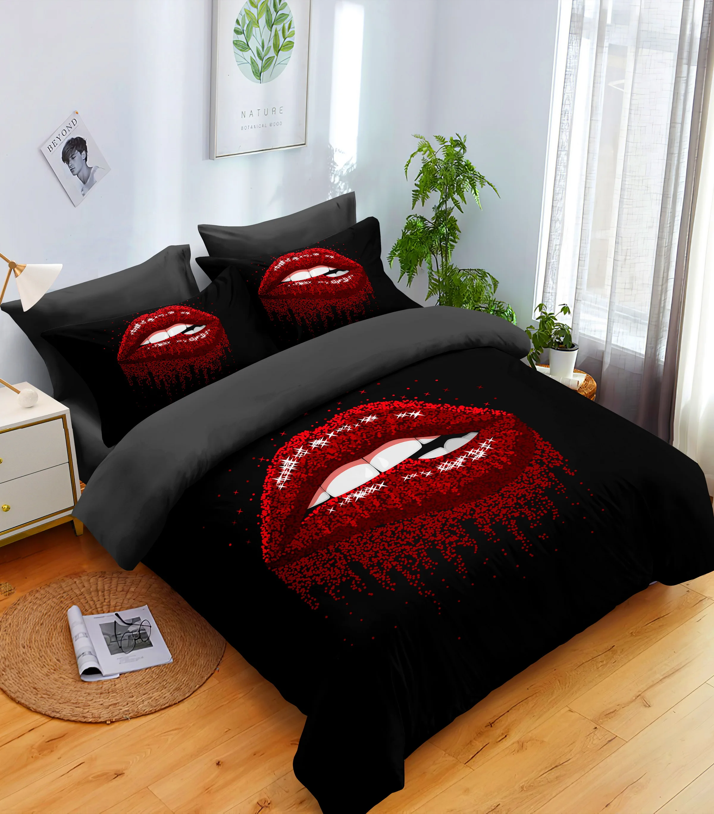 Hot sale cheap polyester 3D Digital hot red lips Printing Bedding set for Couples Lovers