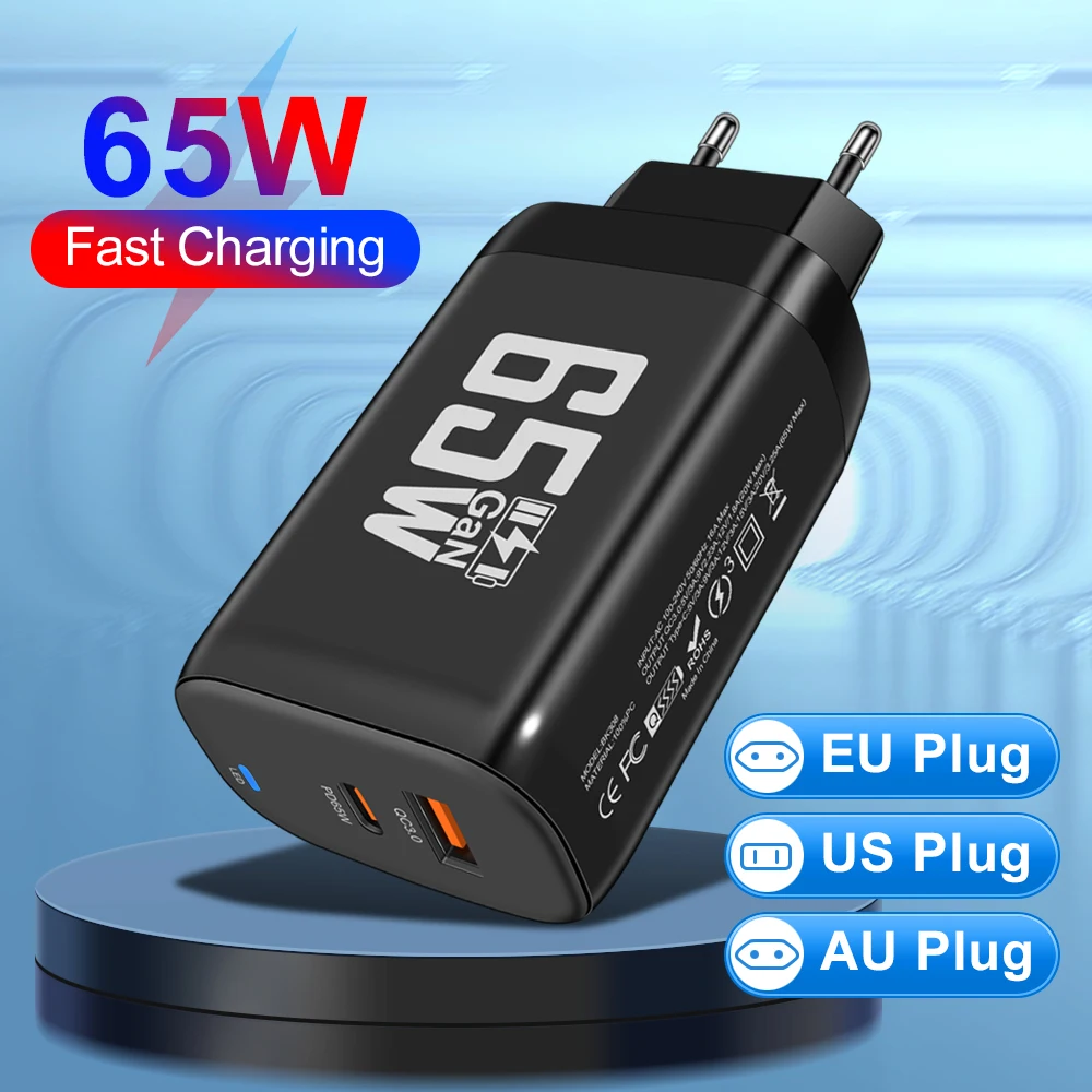 Gan 65w Usb C Charger Pd Type C +usb Dual Port Wall Charger For Iphone 16 15 14 13 Xiaomi Samsung for Macbook Phone Charging