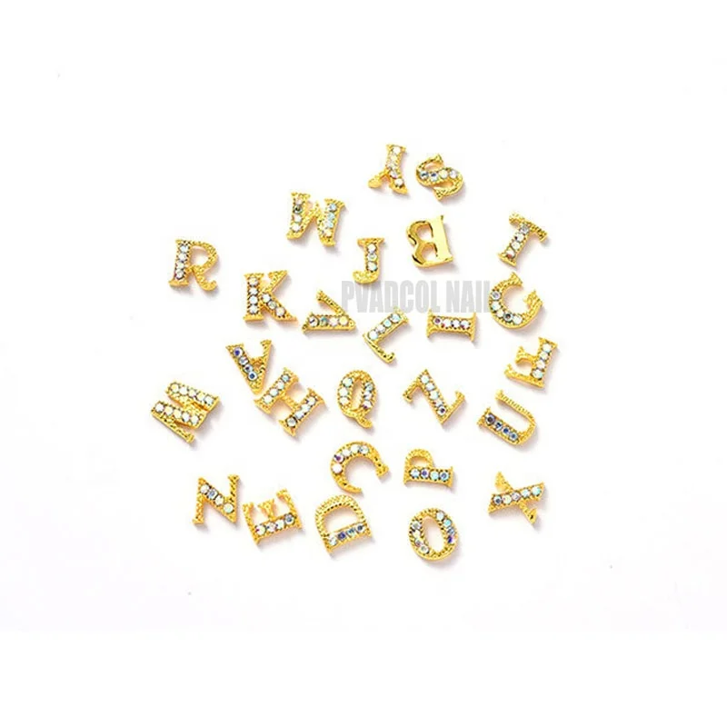 Newest 26pcs 3D Nail Art Gold English Letter Rhinestones Alloy Nail Charms Acrylic Tips Decoration