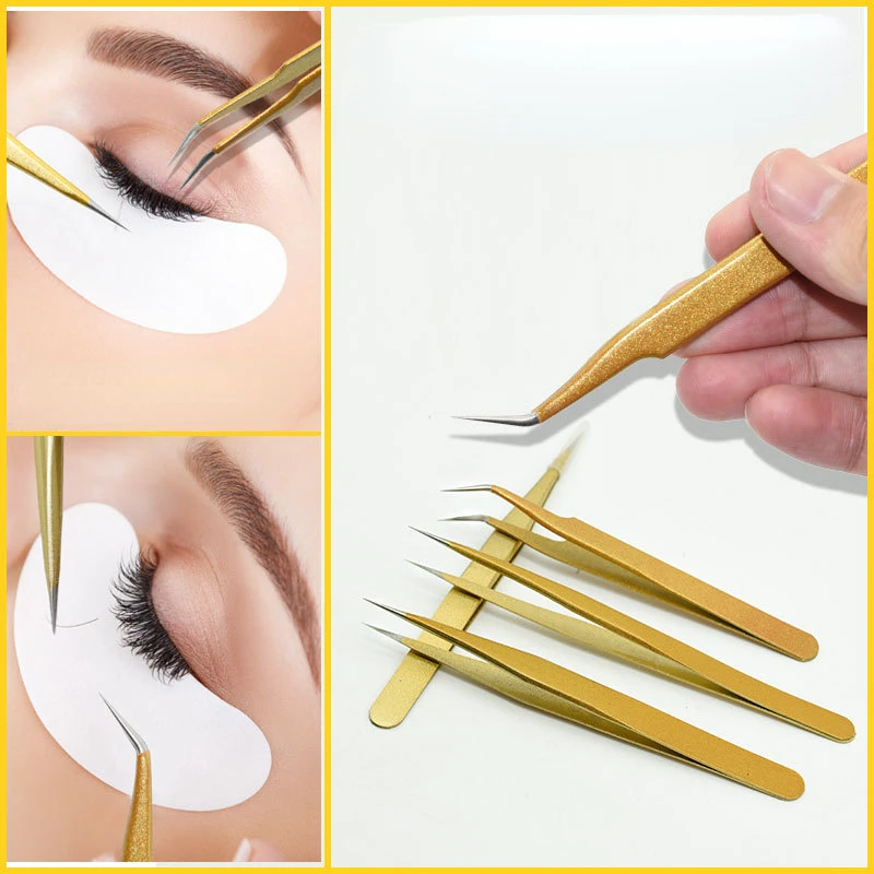 New Gold Metal Tweezers Tape Sticker Collage Tool Eyelash Curler with Diamond Clip