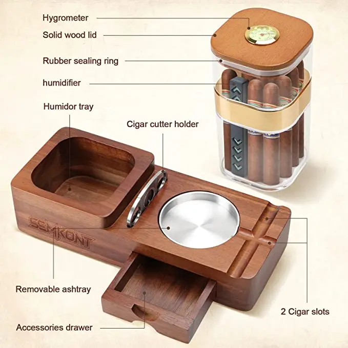 SEMKONT Cigar Display Humidor and Detachable Wooden Cigar Ashtray Set with Sealed Cigar Jar Tray for Home and Office