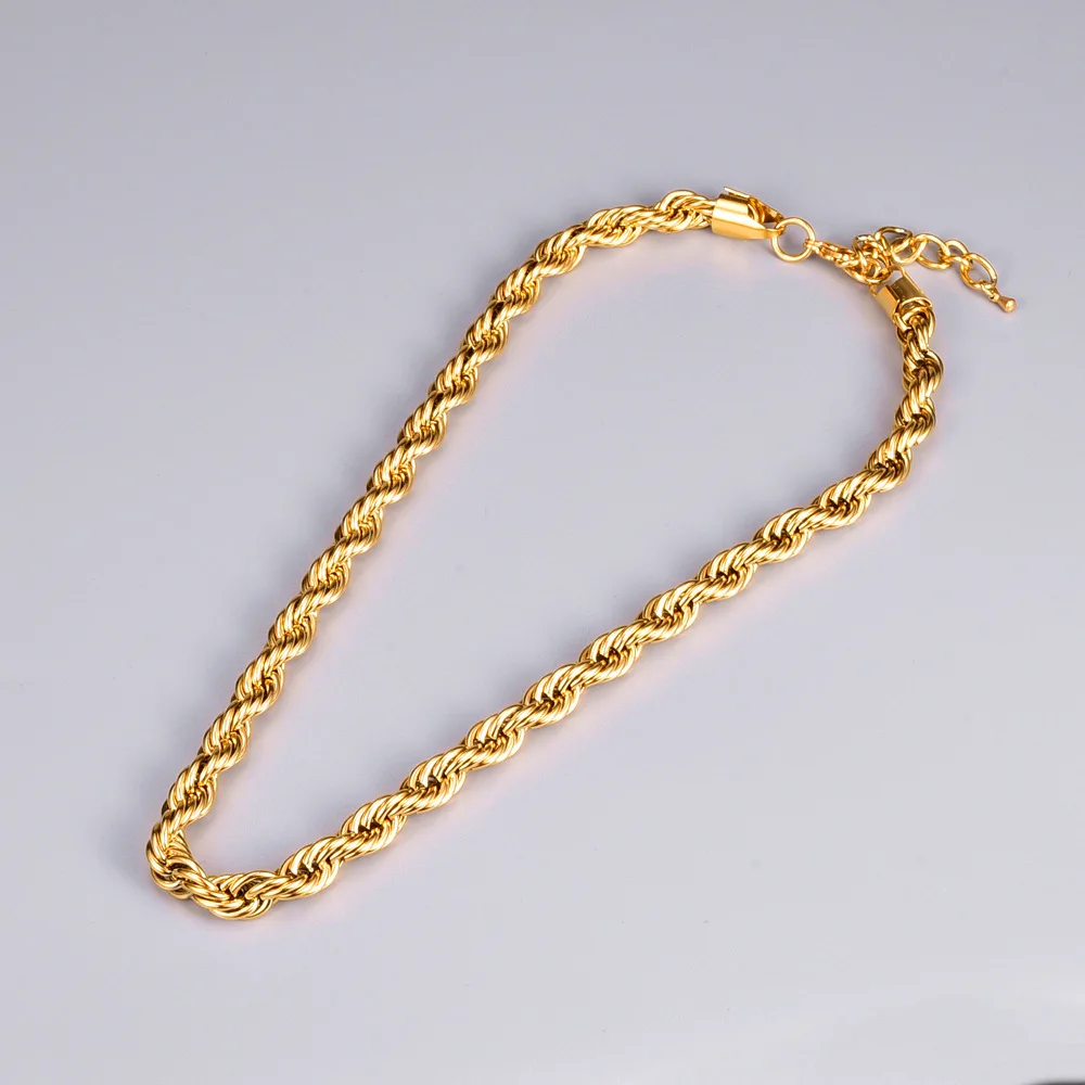 7mm Hip Hop 18K Gold Plated Stainless Steel Thick Twisted Rope Chain Choker Necklaces For Women