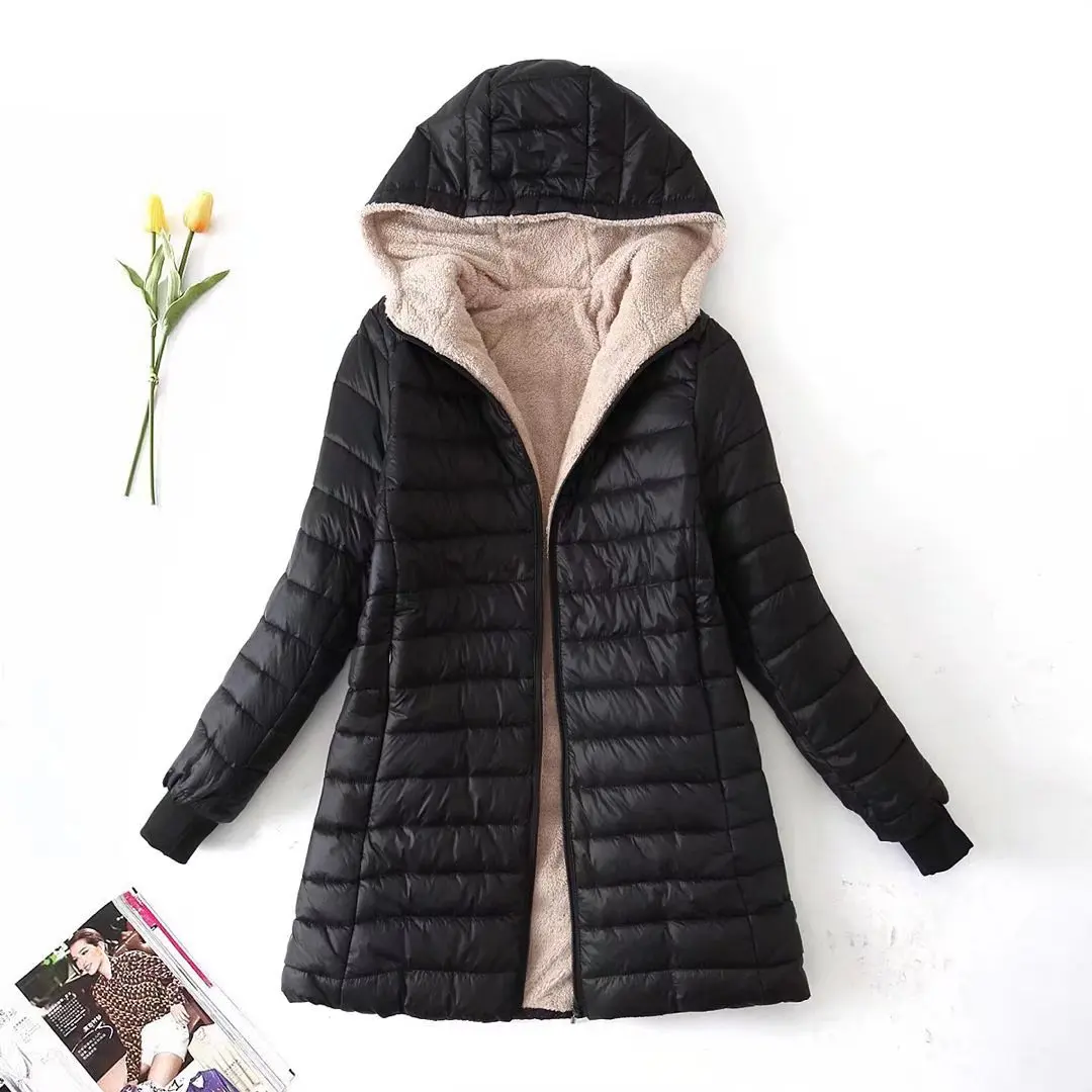Women Keep Warm Winter Jacket  Hooded Long sleeve Thin Fleece Coat  Slim fit Cotton lady Coat