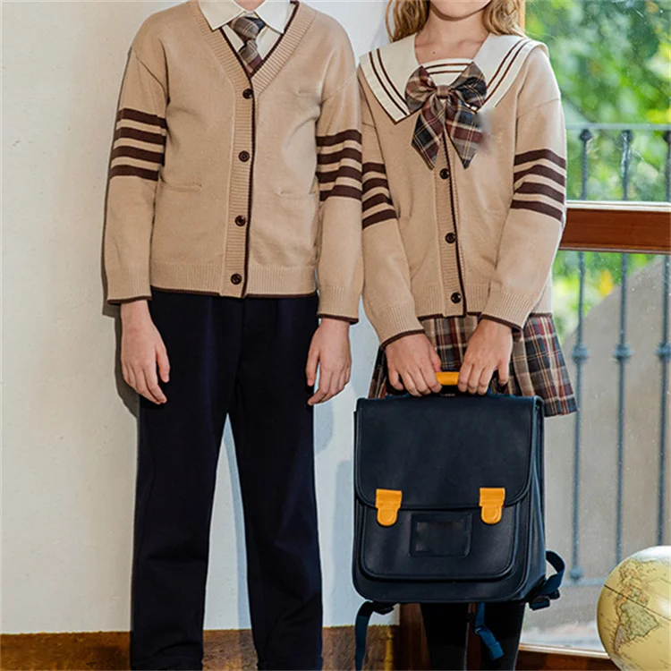 RG-Modern design 3 pieces set cardigan shirts and bottoms sets brown school uniform
