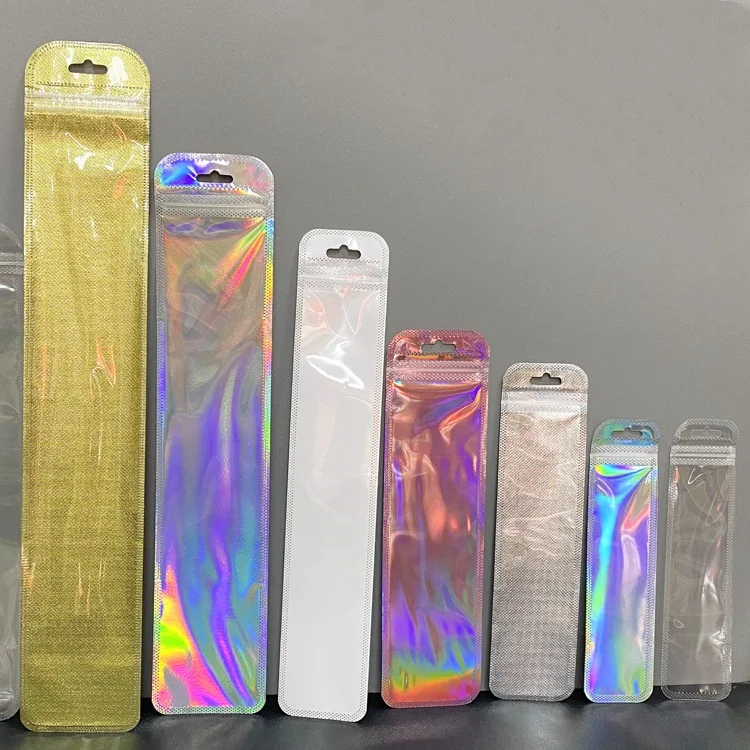 Wholesale 50pcs holographic ziplock bags hang hole resealable packaging bag zipper clear transparent holographic plastic bags