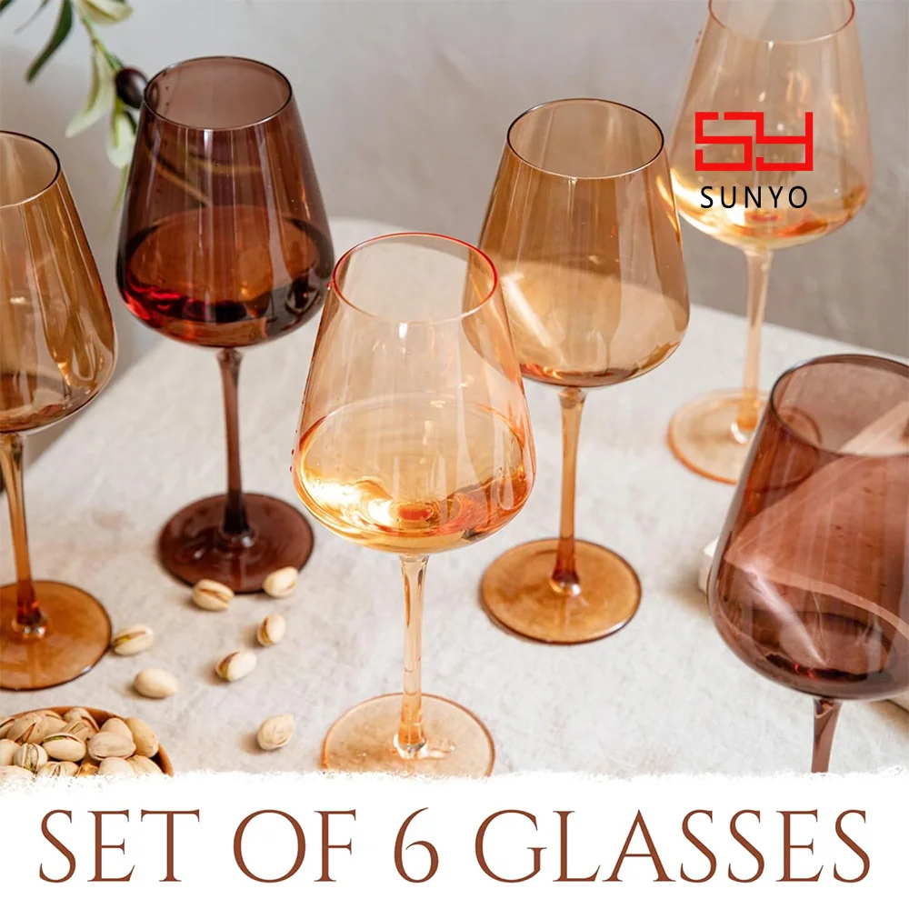 SUNYO 16.5oz Venus Collection Glassware Elegant Colored Wine Glasses Set of 6 Stemmed Brown Wine Glass With Thin Rim