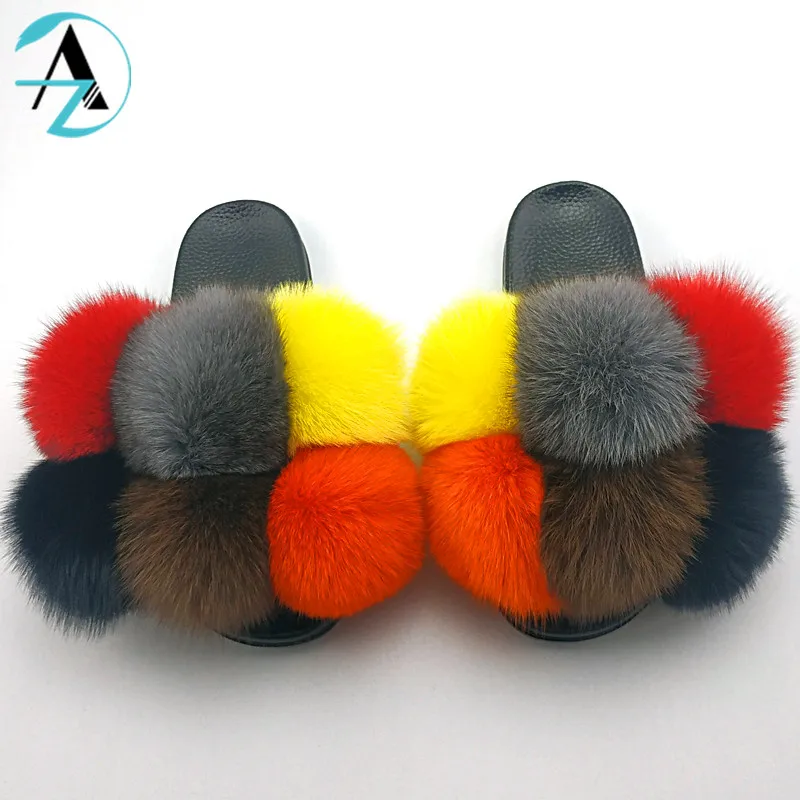 
Custom US Hot Sale PVC Sole Colorful Ratatable Six Balls Women Fur Slides Fluffy Real Fox Fur Slippers 