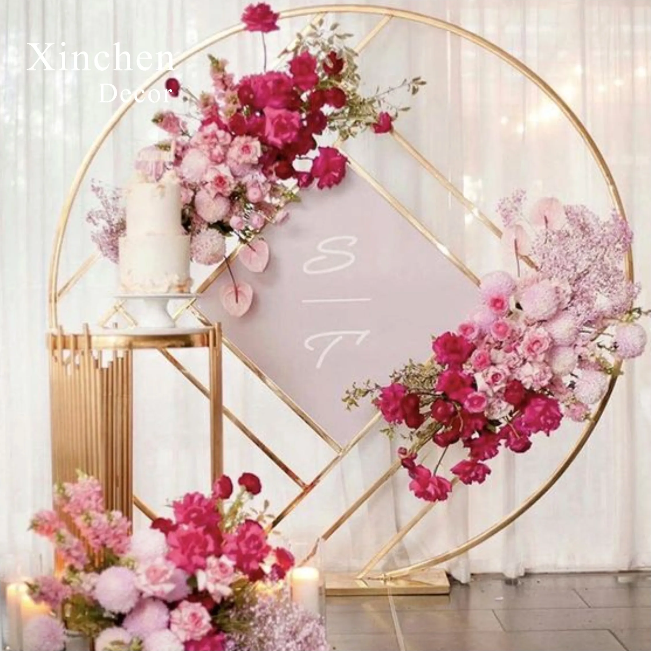 XC-B002 Custom round mesh metal gold wedding decoration backdrop stand for wedding events