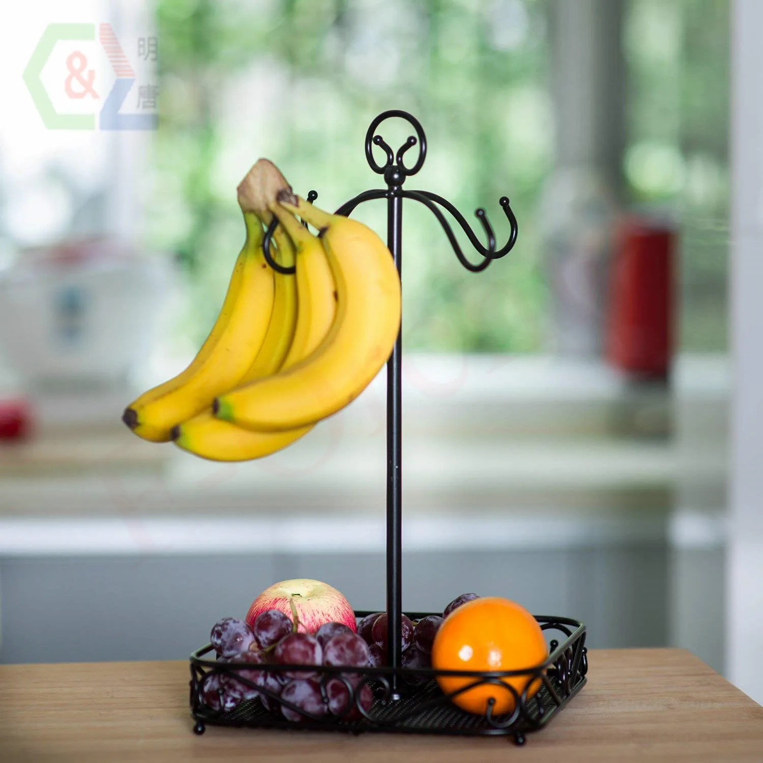 Steel Coffee Mug Holder 4 Hook Kitchen Stand Organizer Drinkware Rack/Fruit Display Basket Black