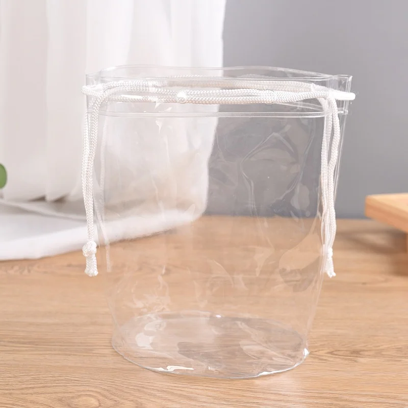 Large Capacity Eco Friendly Clear Travel Round Barrel Drawstring pvc Cosmetic Bag Transparent Cylinder Makeup Bag